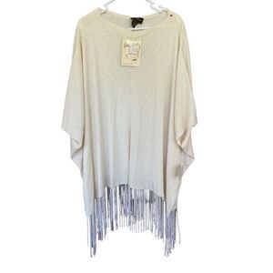 Patti LaBelle Womens Beige Boatneck Metallic Thread Missy Fringe Poncho One Size